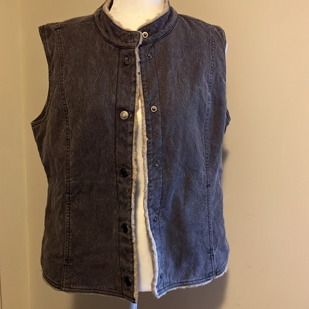 J Jill  Faux  Fur lined Vest Gray Jacket Pockets Women M - Picture 3 of 6